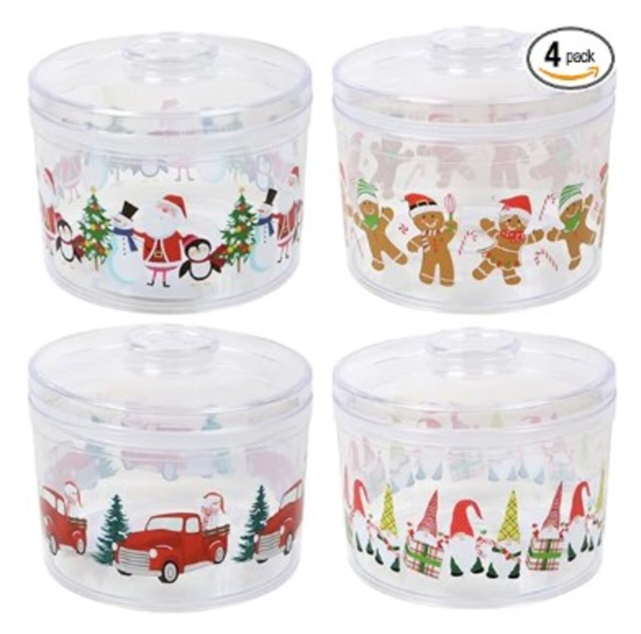 4 Pack Decorative Christmas Holiday Themed Plastic Containers Jars with Stackable Lids for Cookies, Snacks, Candies, Treats Gnomes, Gingerbread Men, Snowmen, Santa Claus
